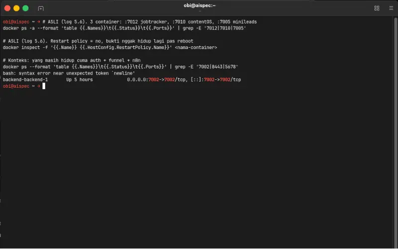 Terminal checking stopped backend containers and the auth port that stays up - Robby Aliasa Akbar