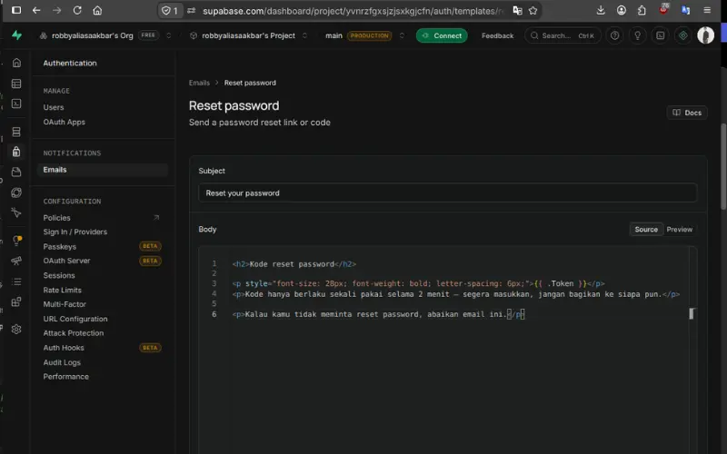Supabase password reset email template with code only body and no link - Robby Aliasa Akbar