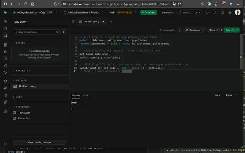 Supabase SQL editor with row level policies and an empty count for the anonymous role - Robby Aliasa Akbar